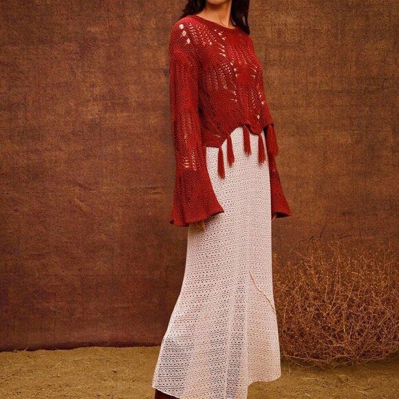 Casual Women's Round Neck Open Knit Tassel Fringe Hem Long Sleeve top - Picture 2 of 5